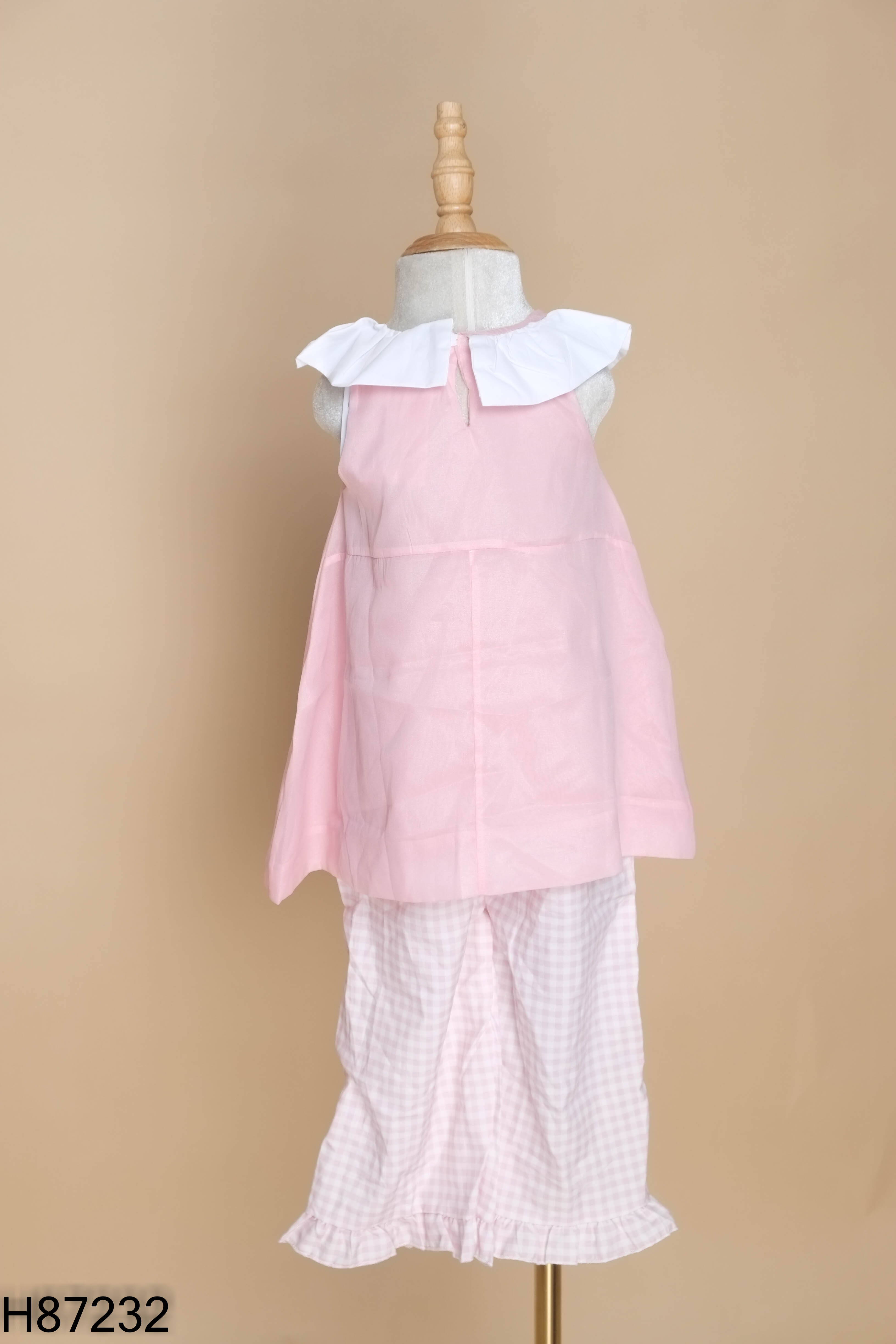 NEWTAG Set Áo voan hồng nơ be + Quần caro KIDS
