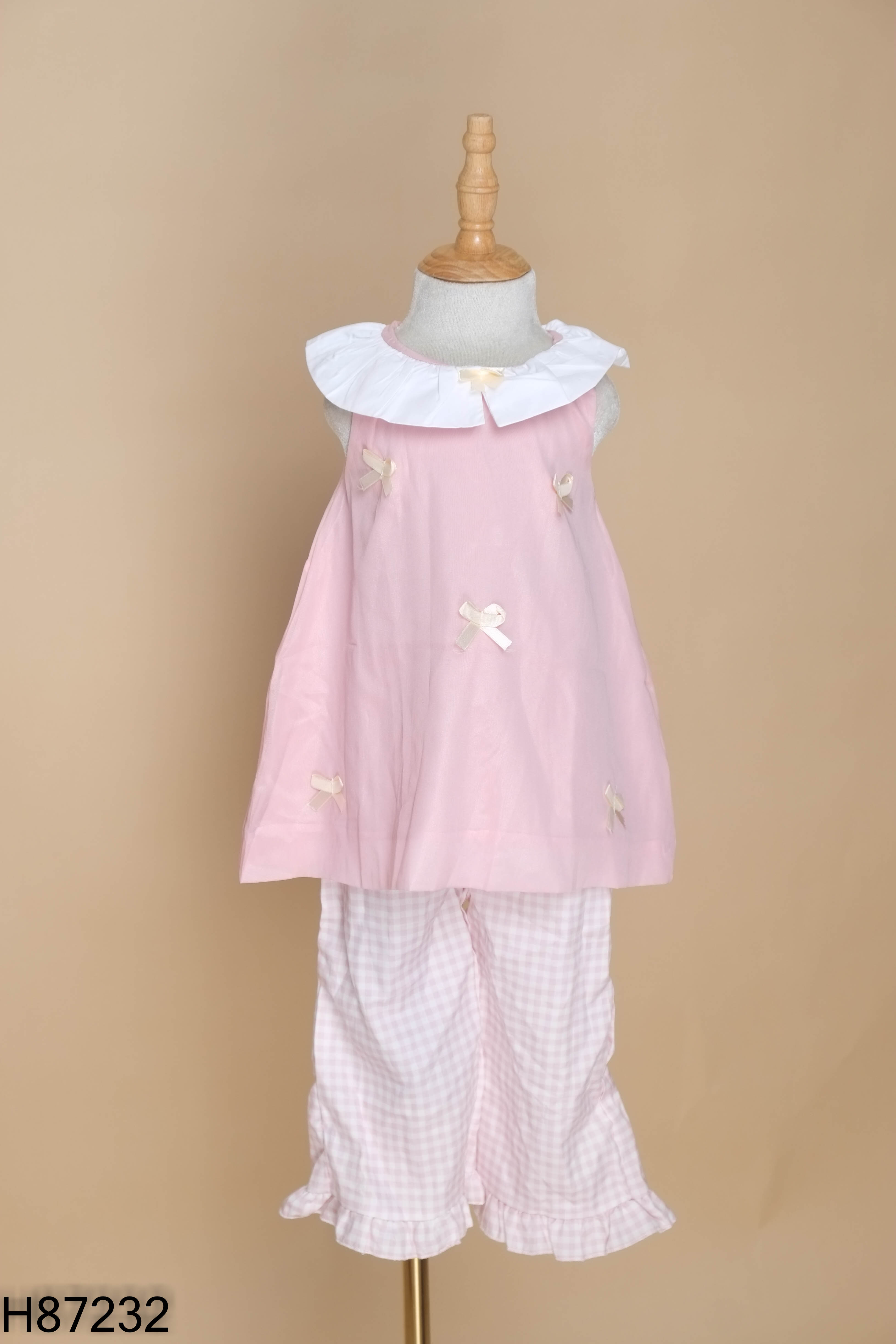 NEWTAG Set Áo voan hồng nơ be + Quần caro KIDS