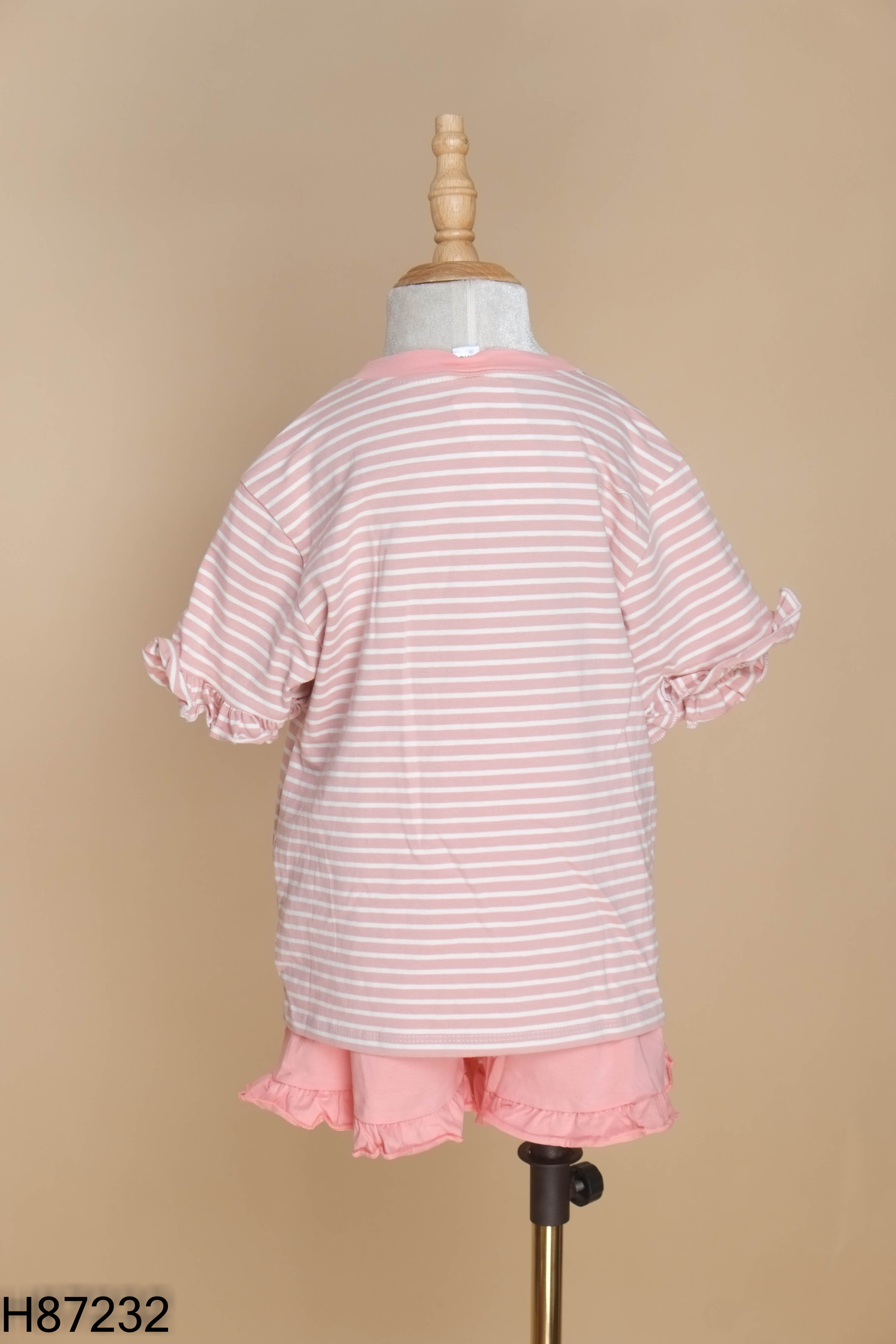 Set Áo thun hồng kẻ trắng in hình + Quần short KIDS