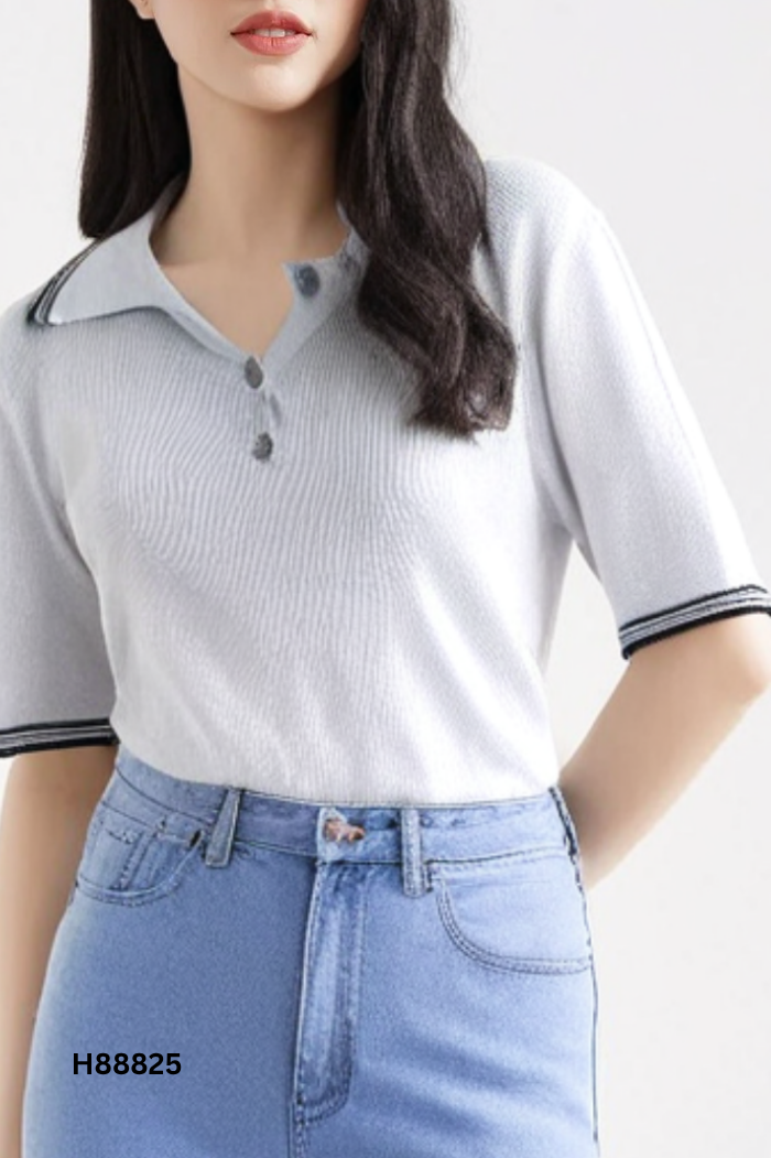 Áo len xám ngắn tay cổ bẻ