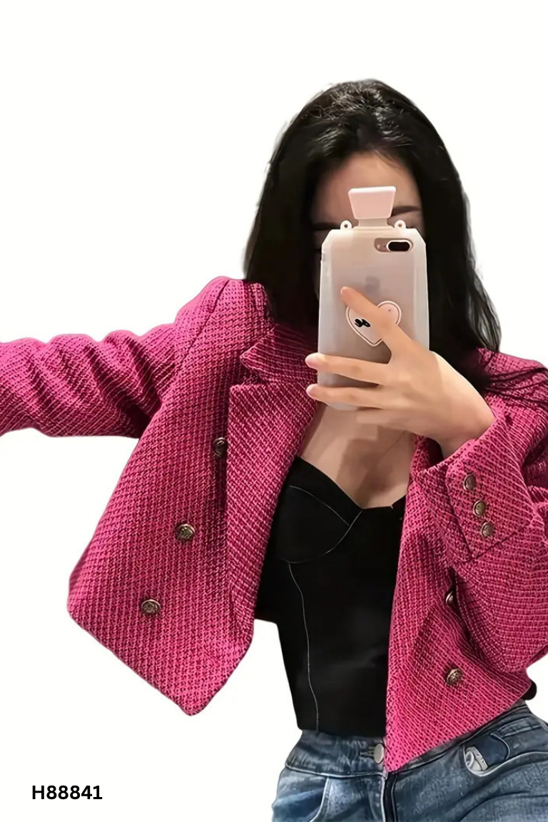 Áo dạ hồng cổ vest dáng ngắn