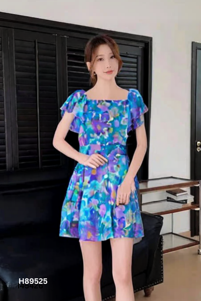 Váy voan cổ vuông họa tiết xanh tím