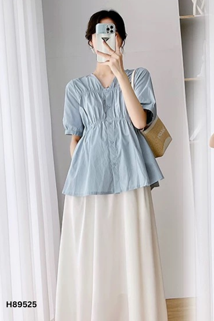 Áo kiểu xanh tay bồng phối chun