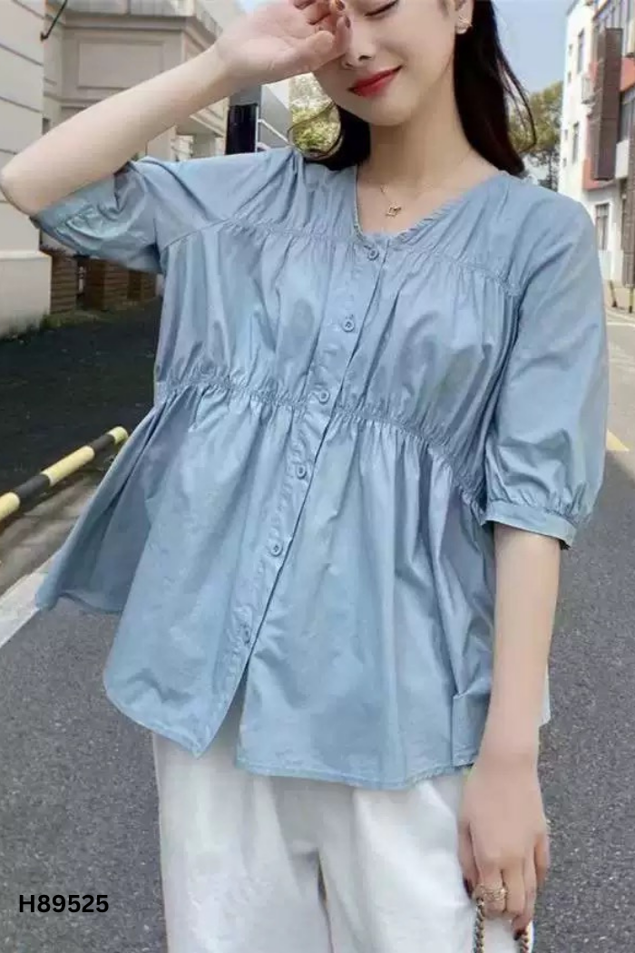 Áo kiểu xanh tay bồng phối chun