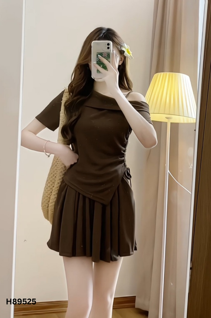 Áo kiểu nâu lệch vai rút eo