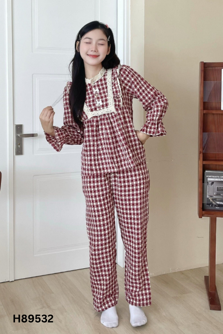 Set áo tím + quần tím kẻ caro