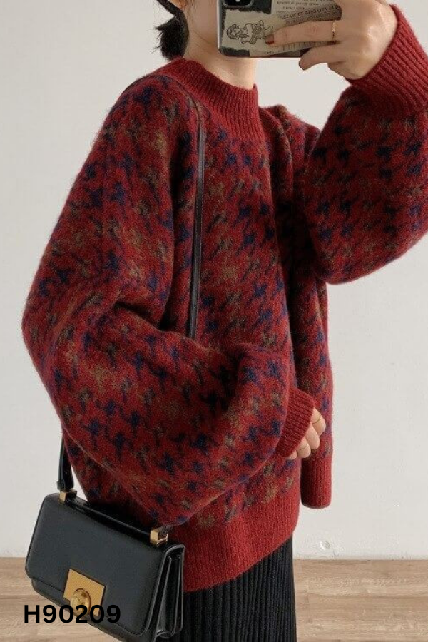 Áo len đỏ phối màu