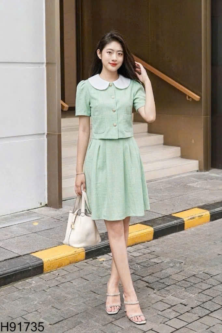 SET Áo xanh lá NẮNG VÀNG + Chân váy xanh lá