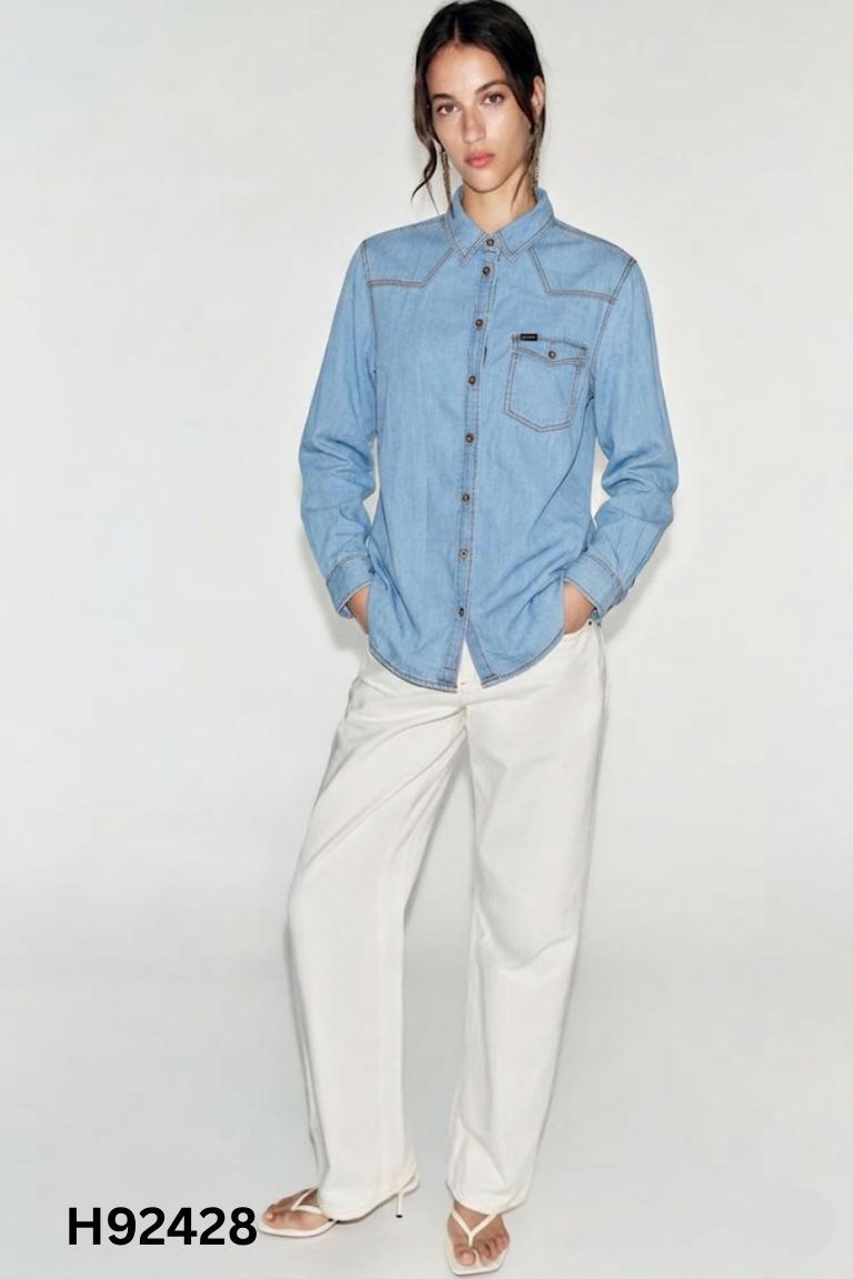 Áo sơ mi ZARA giả jeans xanh thêu hoa