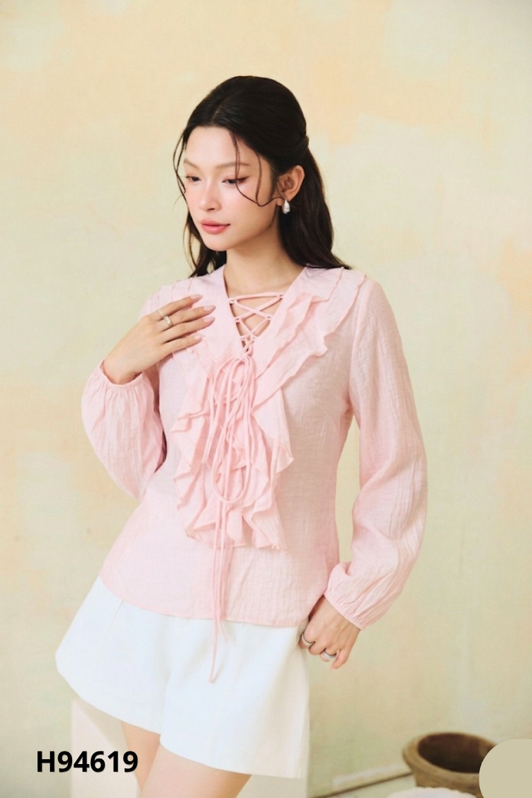 Áo hồng trơn phối bèo