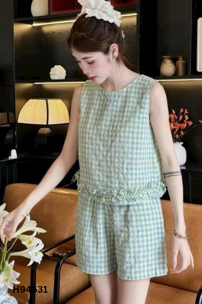 SET áo xanh kẻ caro sát nách+ quần
