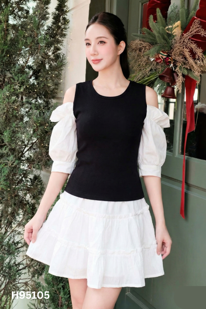 Set áo len tăm đen phối tay bồng trắng + chân váy