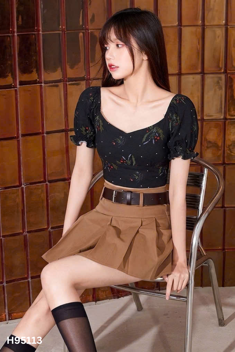 Áo kiểu xanh họa tiết hoa