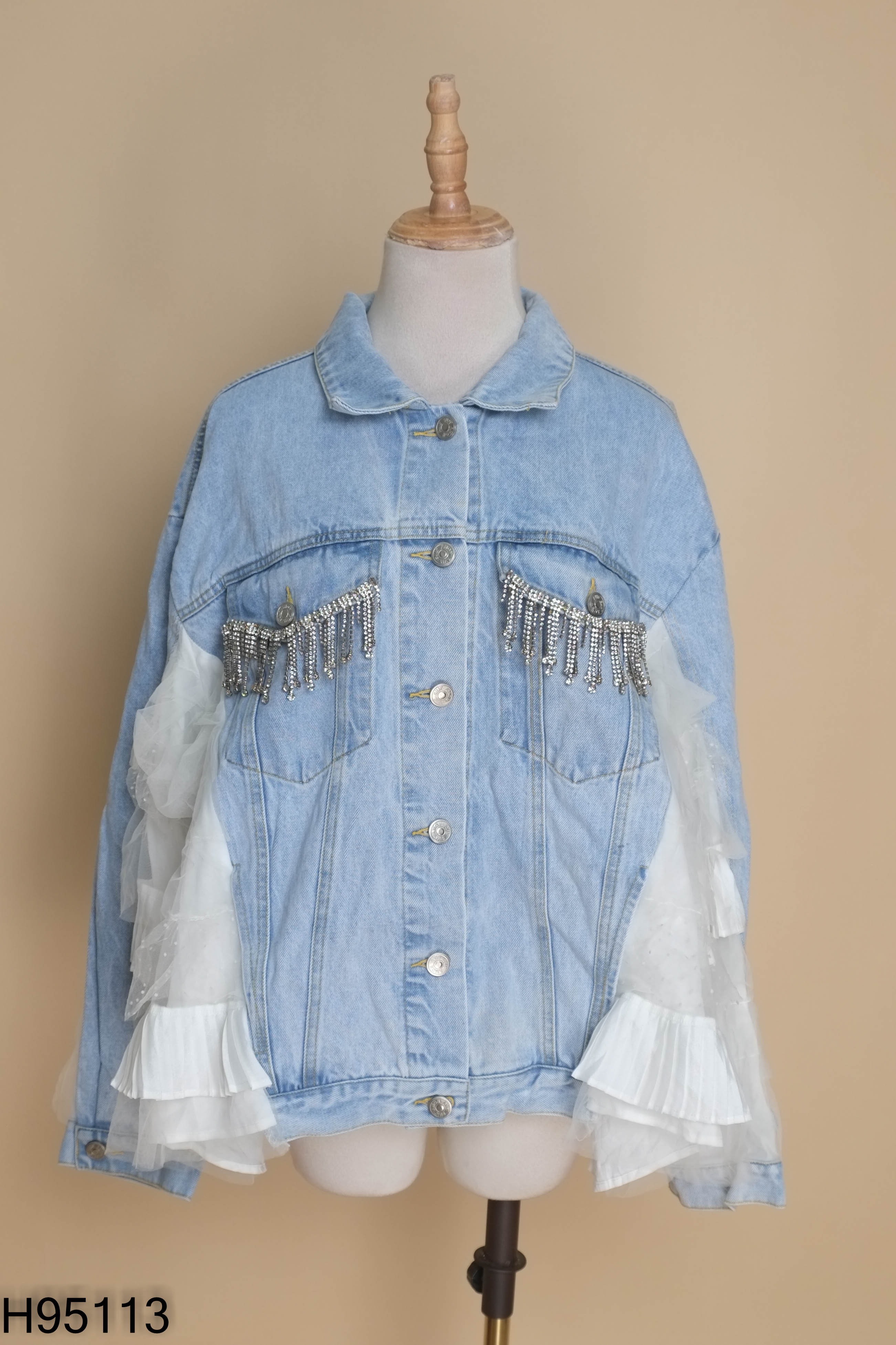Áo khoác jeans xanh phối lưới
