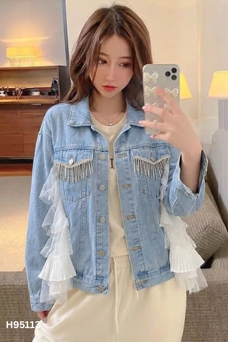 Áo khoác jeans xanh phối lưới