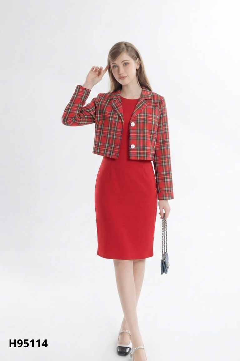 Set đỏ váy+khoác kẻ JAMILA