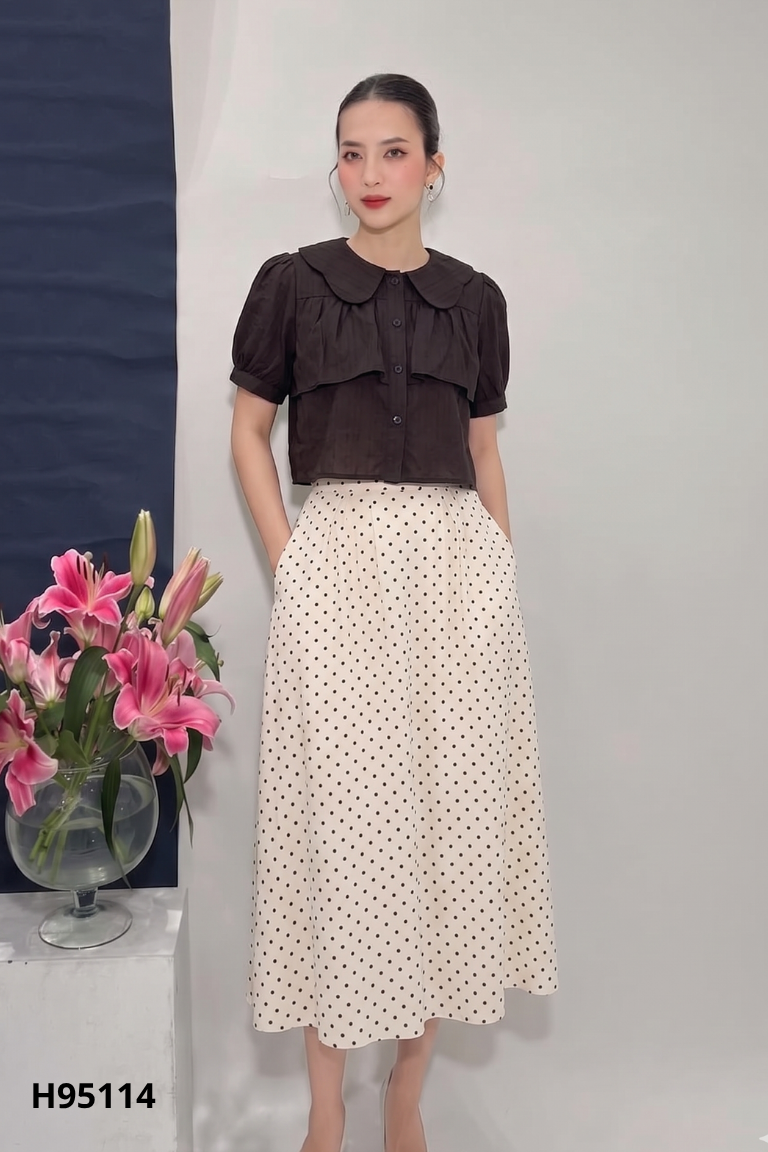 Set áo đen+váy be chấm bi K.ER
