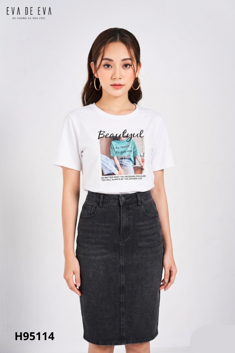 Set áo thun hình+váy jeans YIZAIMEI