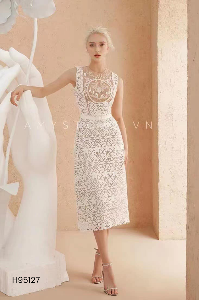 Váy C DRESS DESIGN ren lưới trắng be
