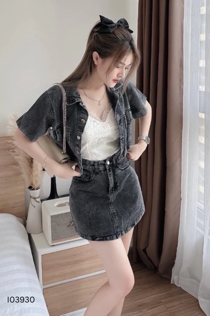 SET Jeans đen áo sơ mi ngắn + chân váy