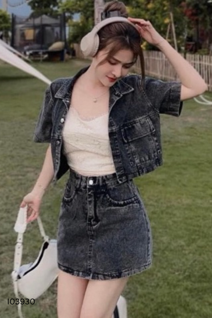 SET Jeans đen áo sơ mi ngắn + chân váy