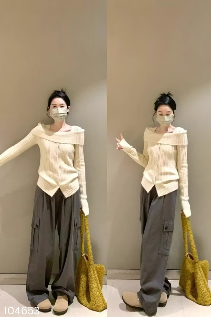 Áo len kem trễ vai trơn phối cúc