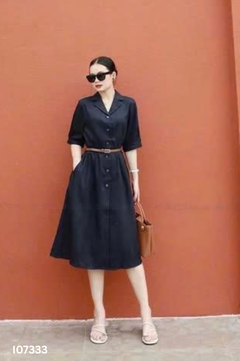 Váy kaki đen suông phối khuy
