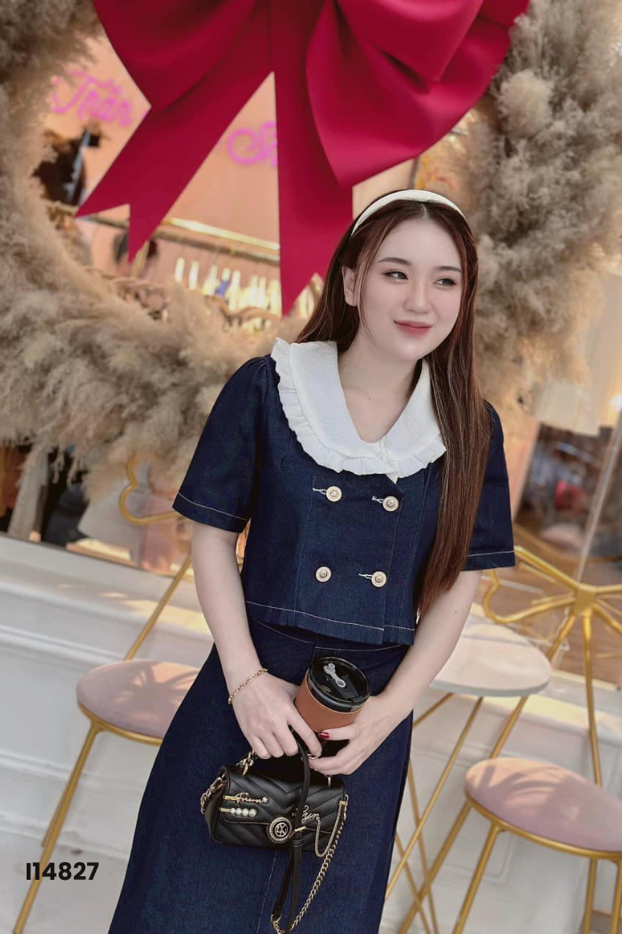 NEWTAG Áo jeans xanh cổ sen