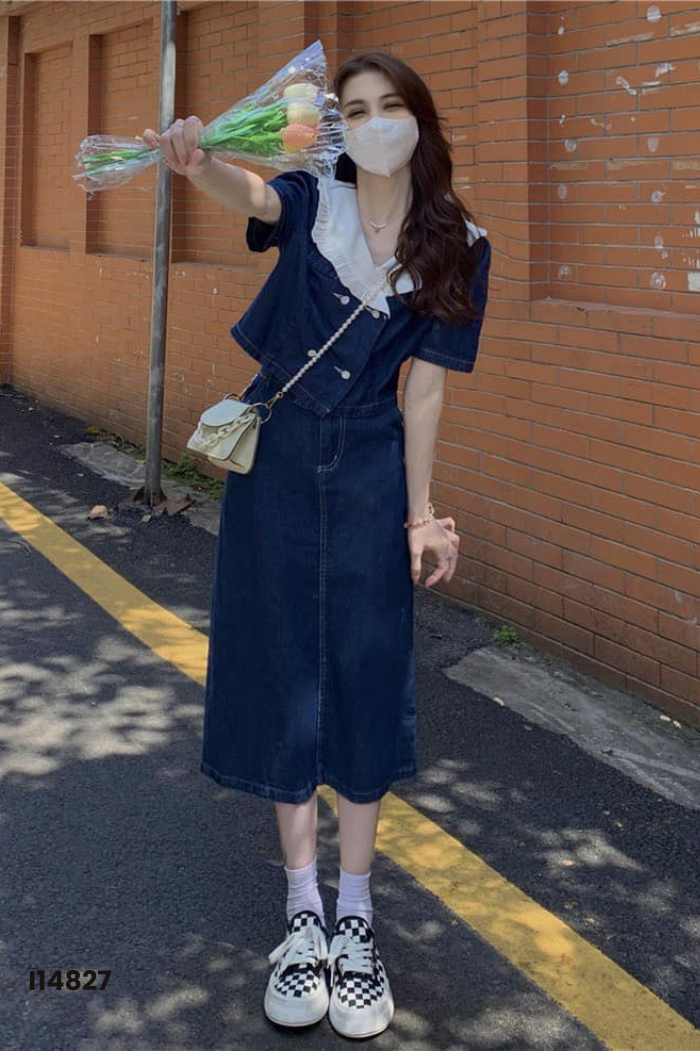 NEWTAG Áo jeans xanh cổ sen