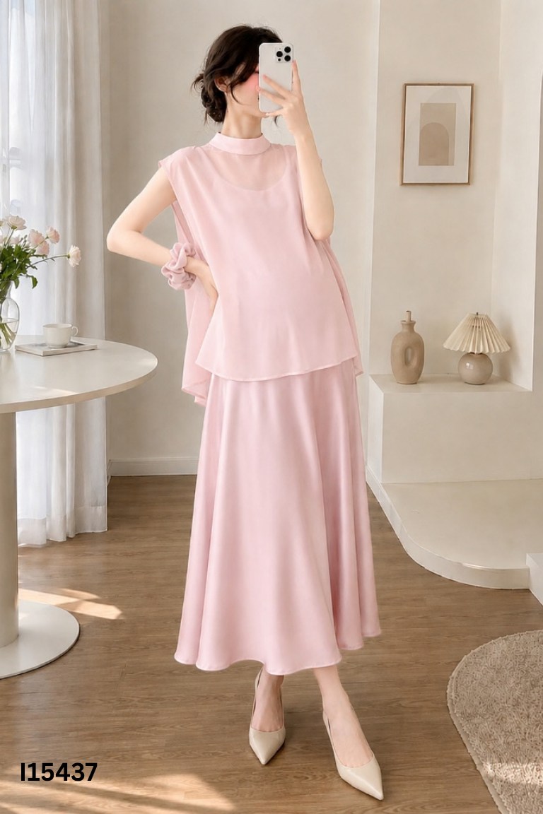 NEWTAG set váy lụa dây hồng+áo voan