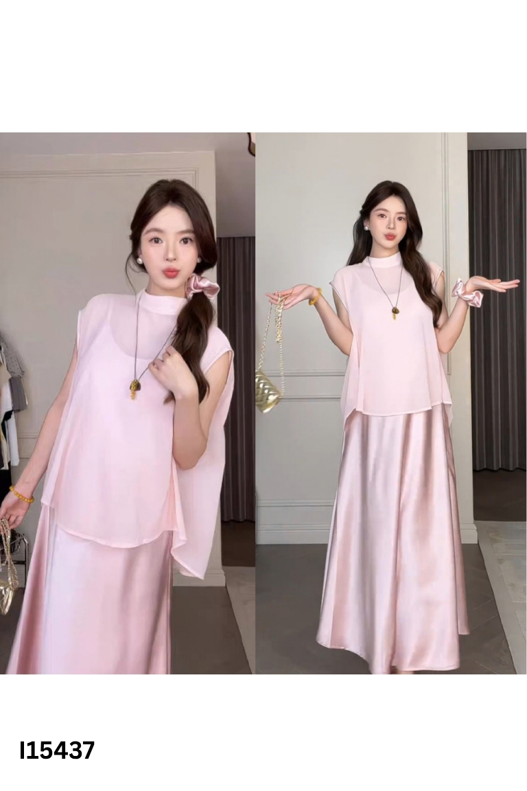 NEWTAG set váy lụa dây hồng+áo voan