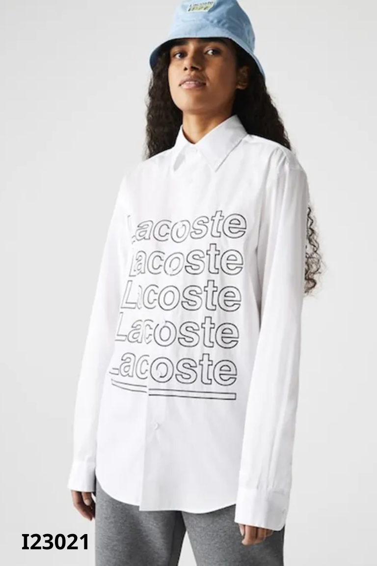 Áo LACOSTE(cắt tag) sơ mi trắng in chữ đen
