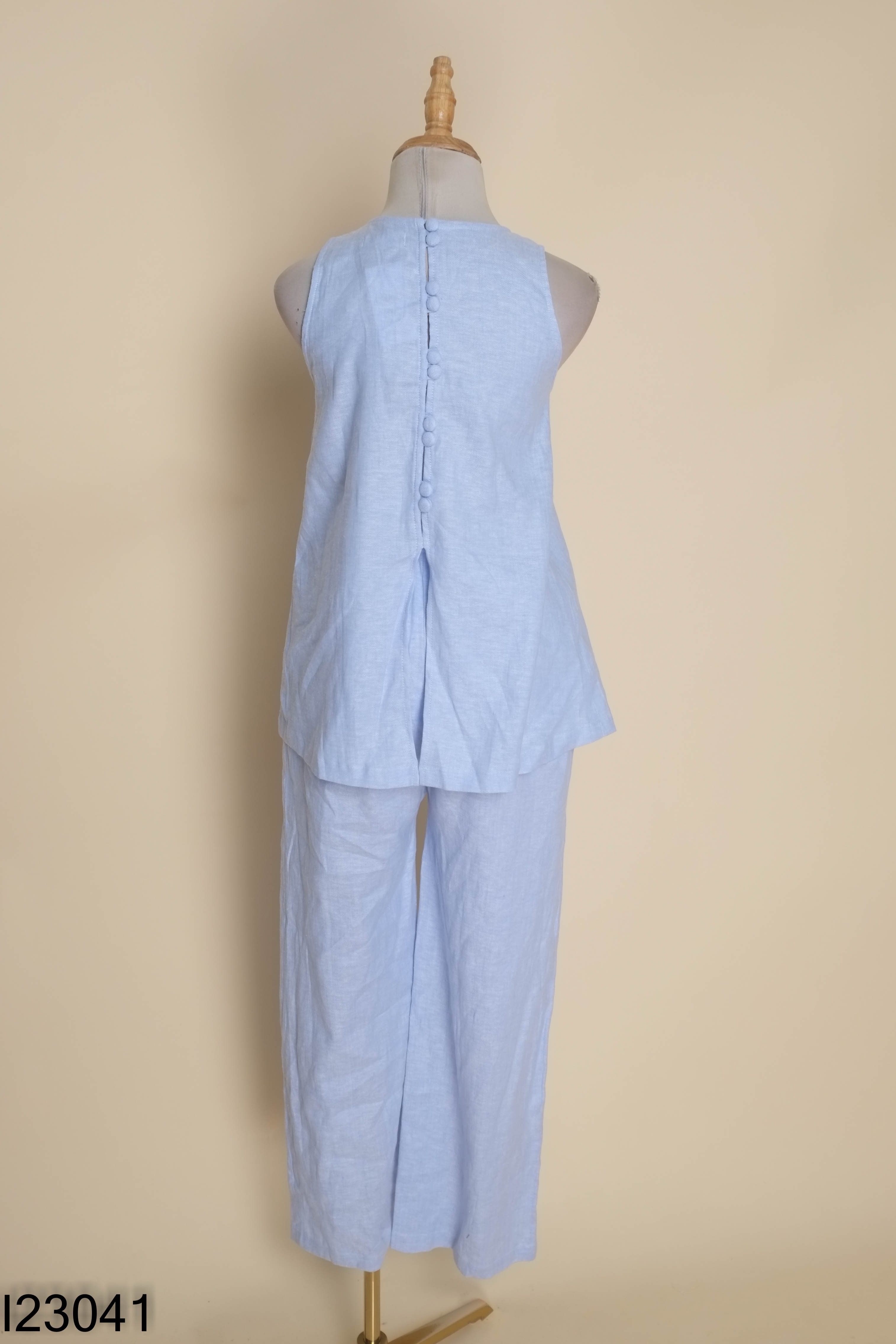 I2304110379-NEWTAG Set LAM&LINEN áo sát nách+ quần dài xanh họa tiết