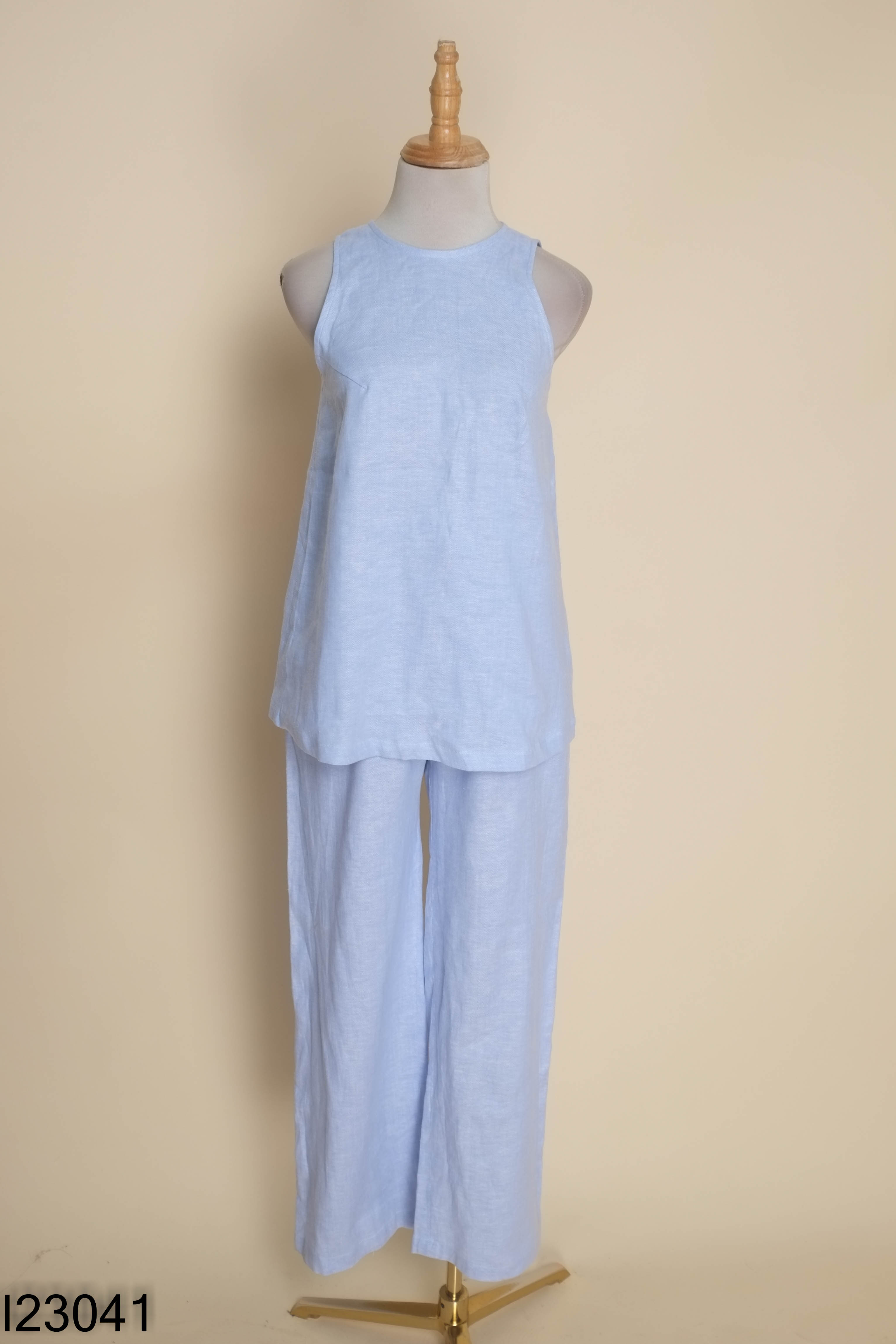 I2304110379-NEWTAG Set LAM&LINEN áo sát nách+ quần dài xanh họa tiết