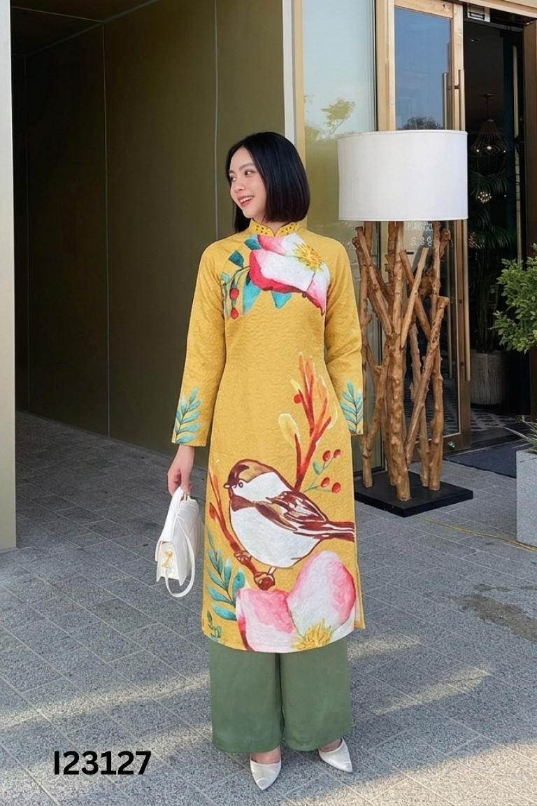 Áo dài GERME vàng họa tiết