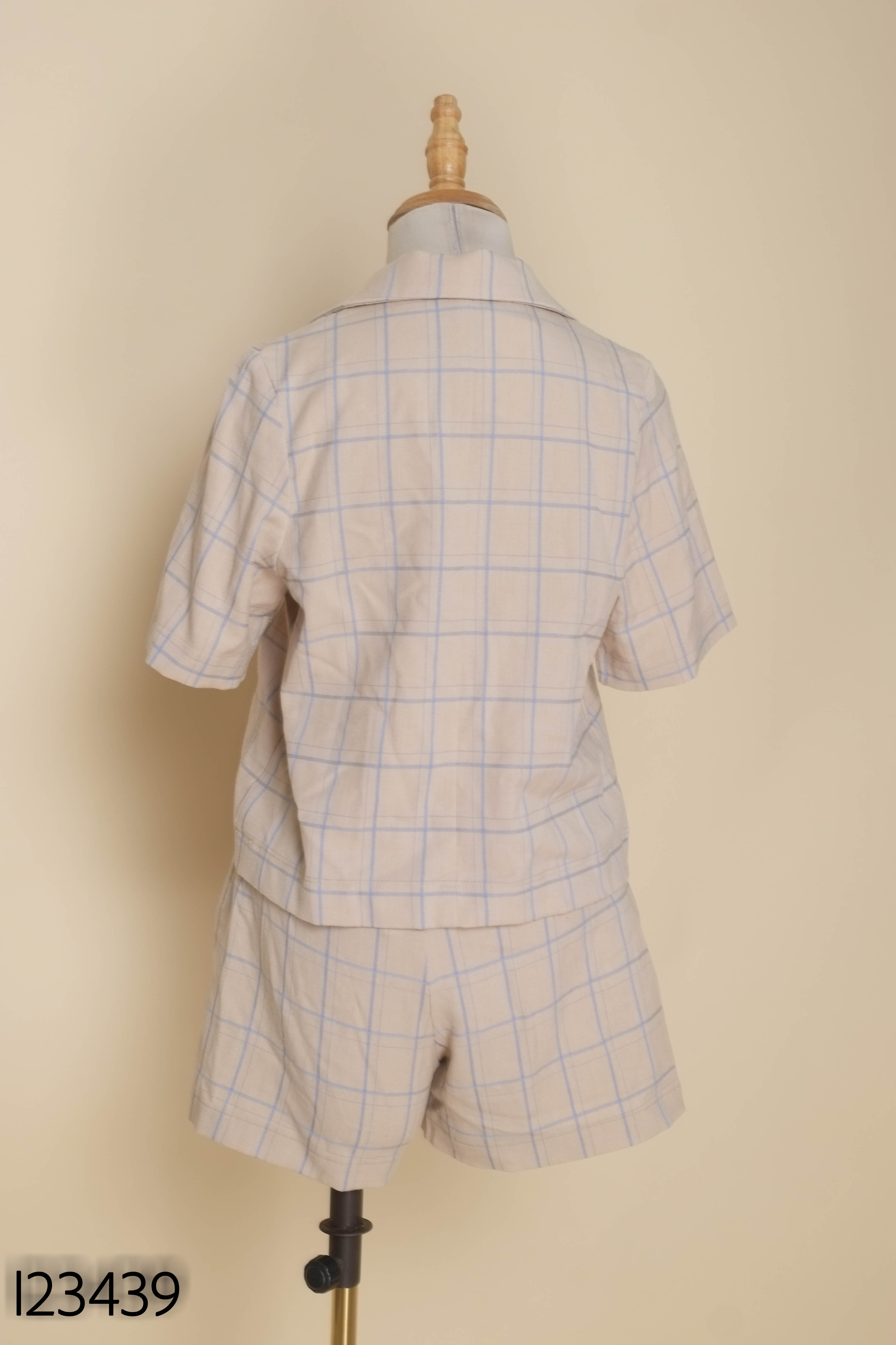 Set Áo be cổ vest LIBÉ kẻ xanh + Quần short