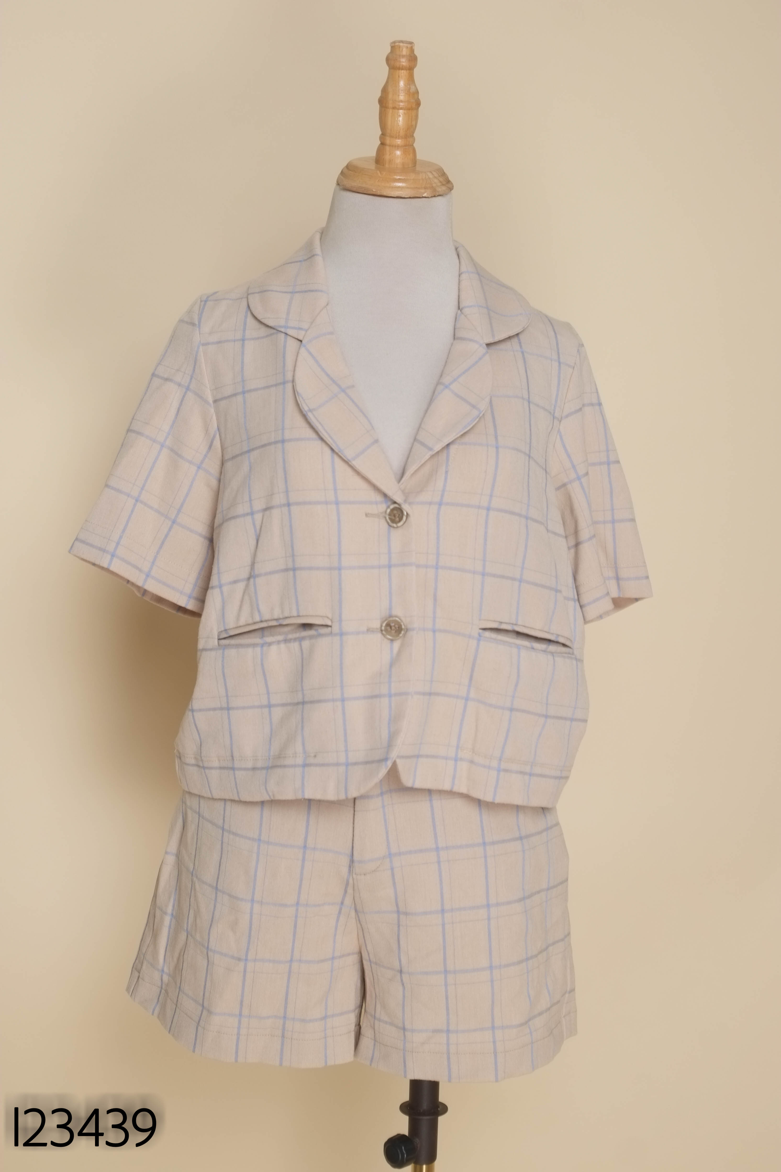 Set Áo be cổ vest LIBÉ kẻ xanh + Quần short