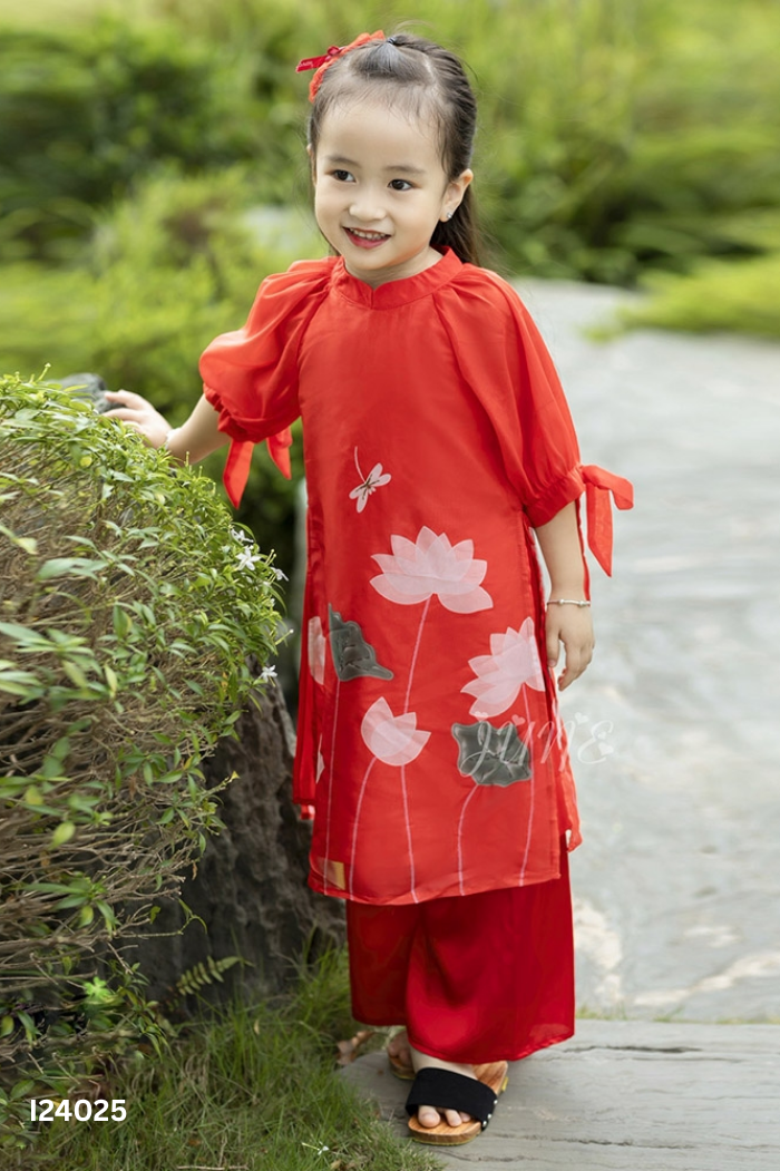 Set Áo dài đỏ hoa + quần KIDS
