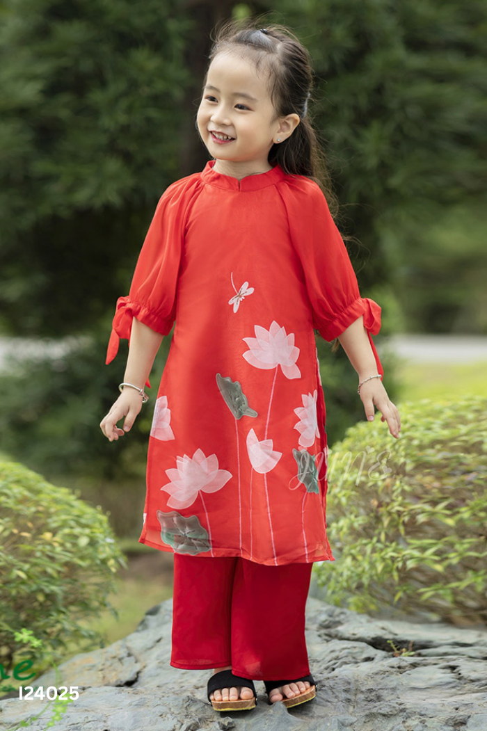 Set Áo dài đỏ hoa + quần KIDS