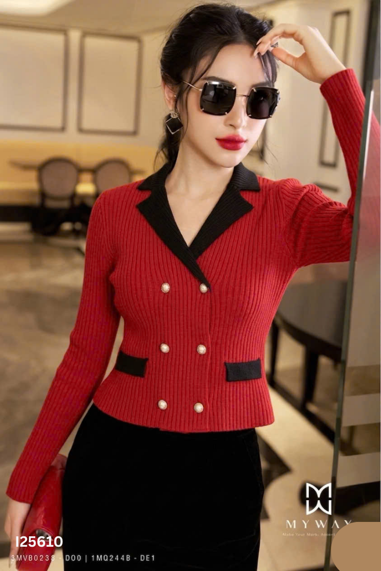 Áo len đỏ phối đen