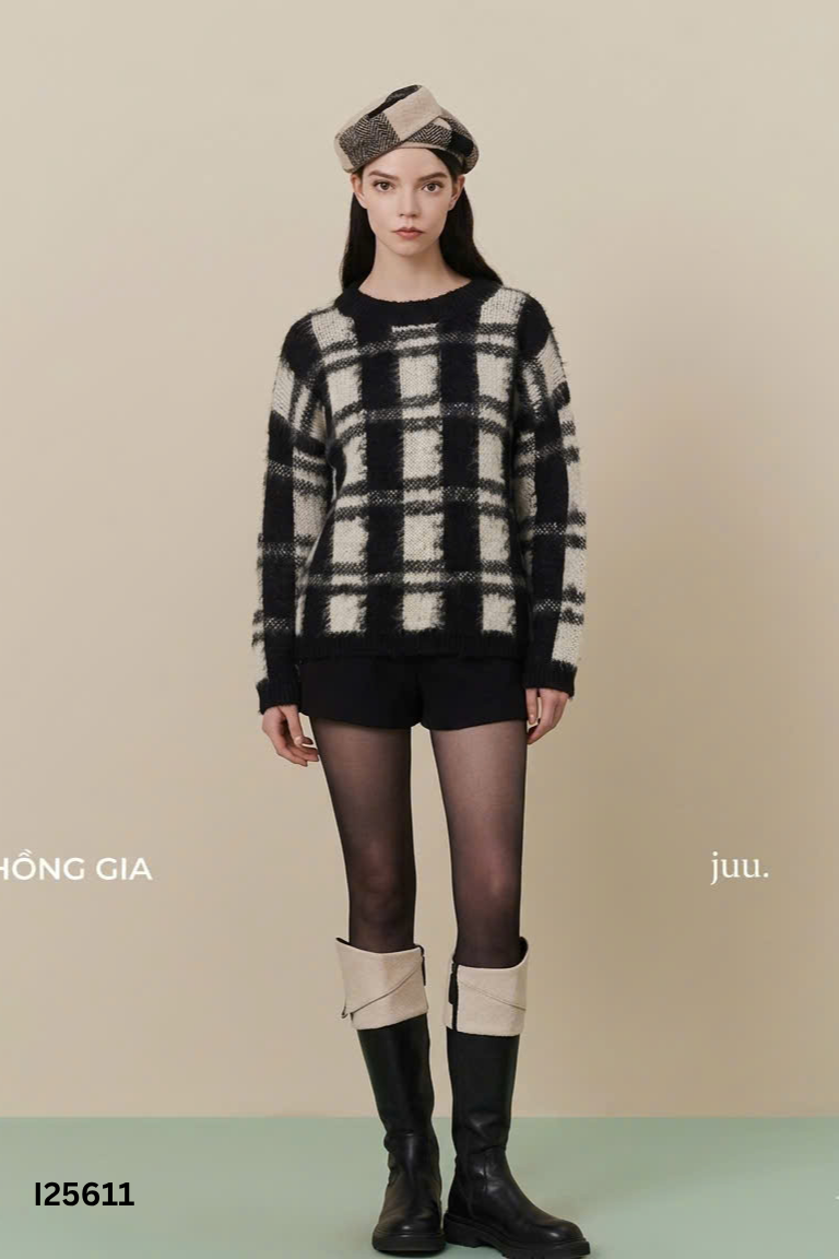 Áo len đen mix trắng