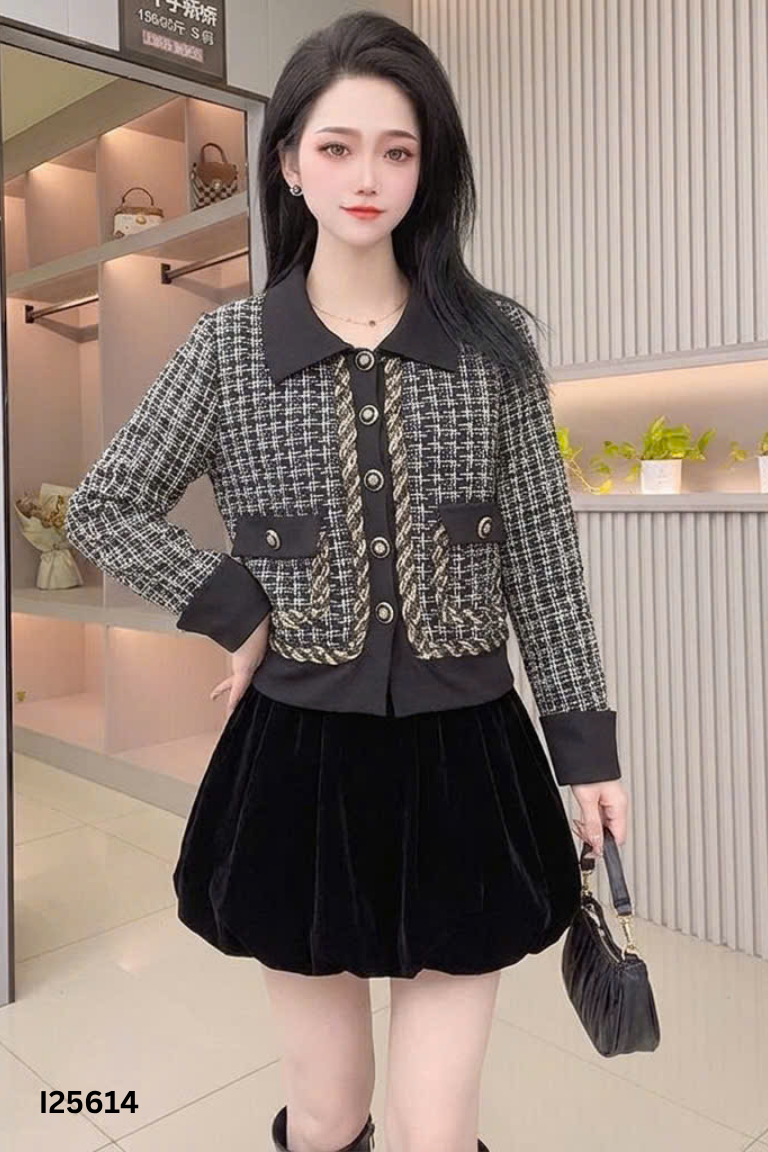 Set Áo len đen mix trắng + chân váy nhung