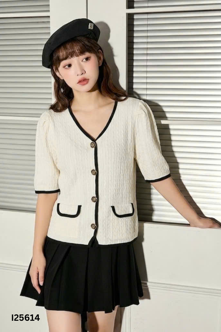 Áo len cardigan be mỏng viền đen