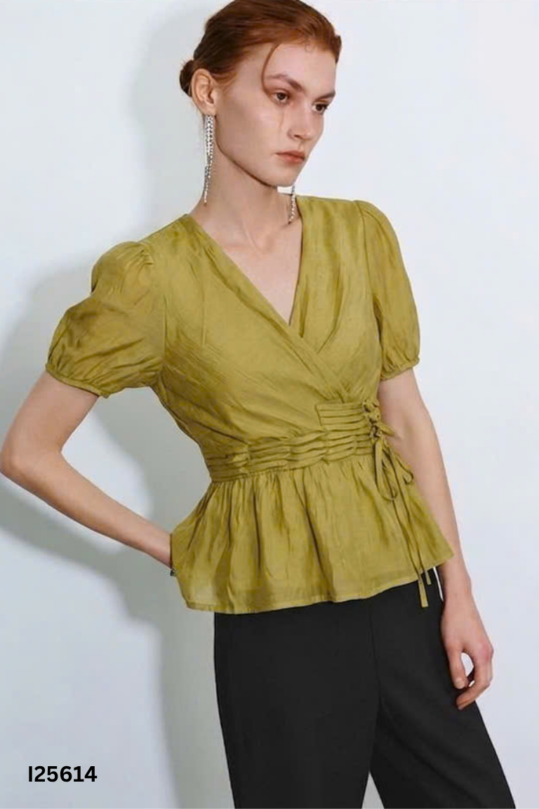 Áo nhún xanh cổ V voan