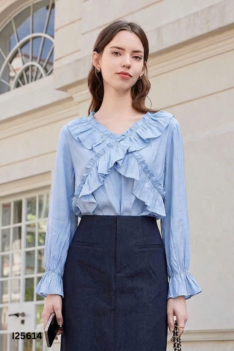 Set Áo xanh bèo nhún + chân váy jeans