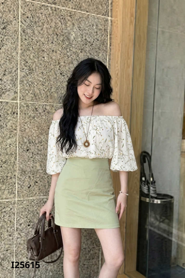 Set áo đũi be +váy xanh