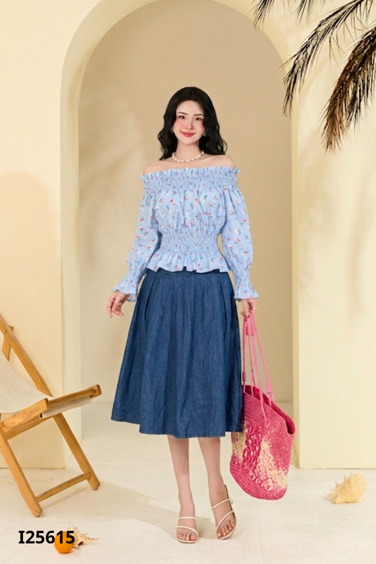 Set xanh hoa+váy jeans