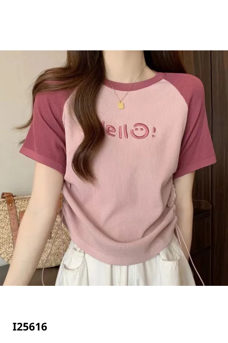 Áo len hồng ngắn tay thêu chữ