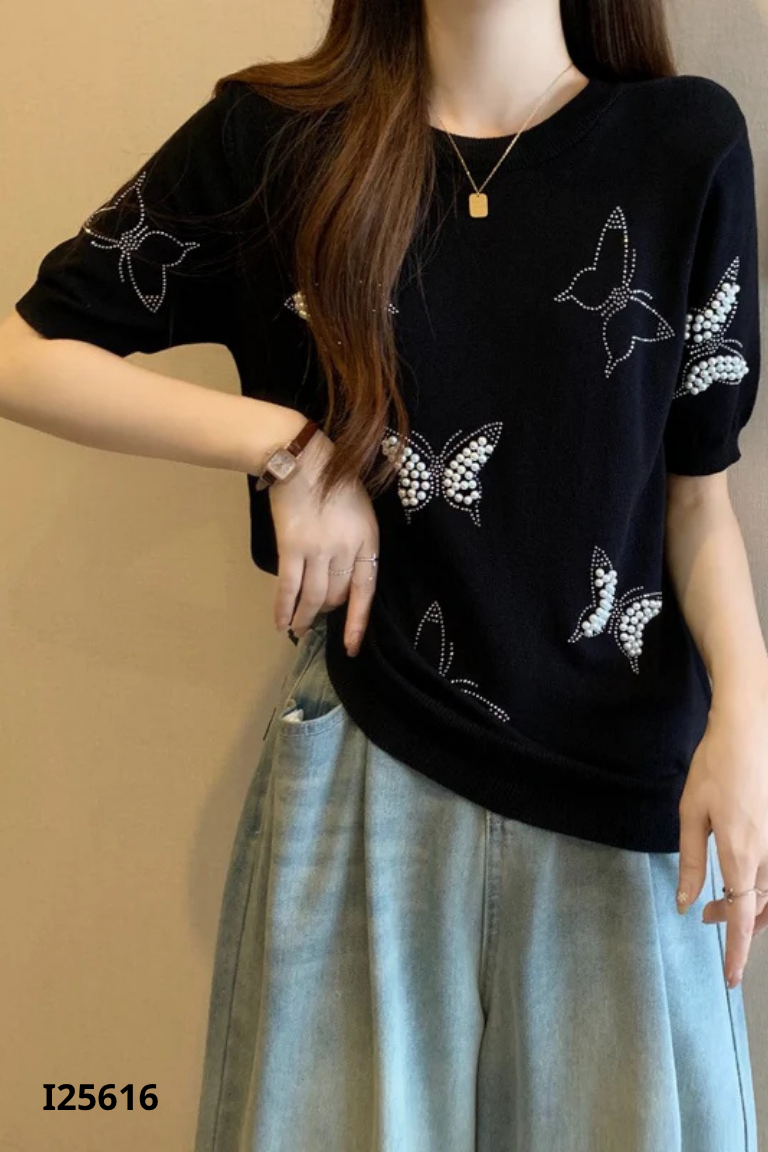 Áo len đen ngắn tay đính ngọc