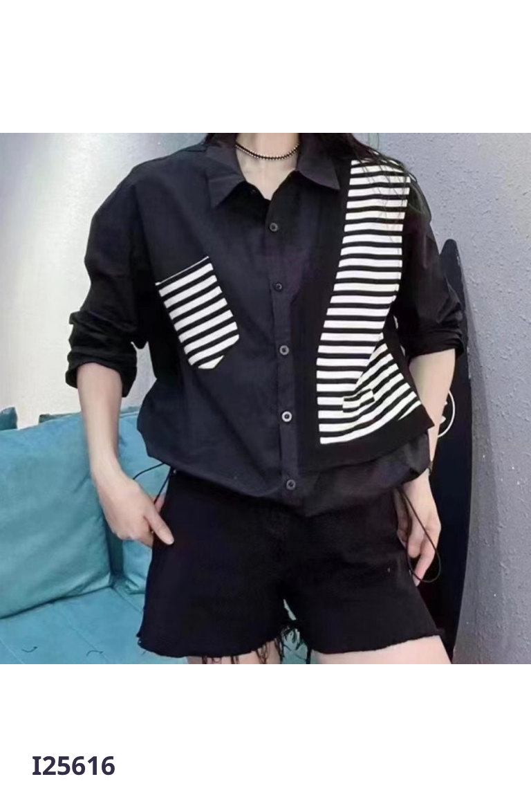 Áo sơ mi kaki đen phối len XINWENWU